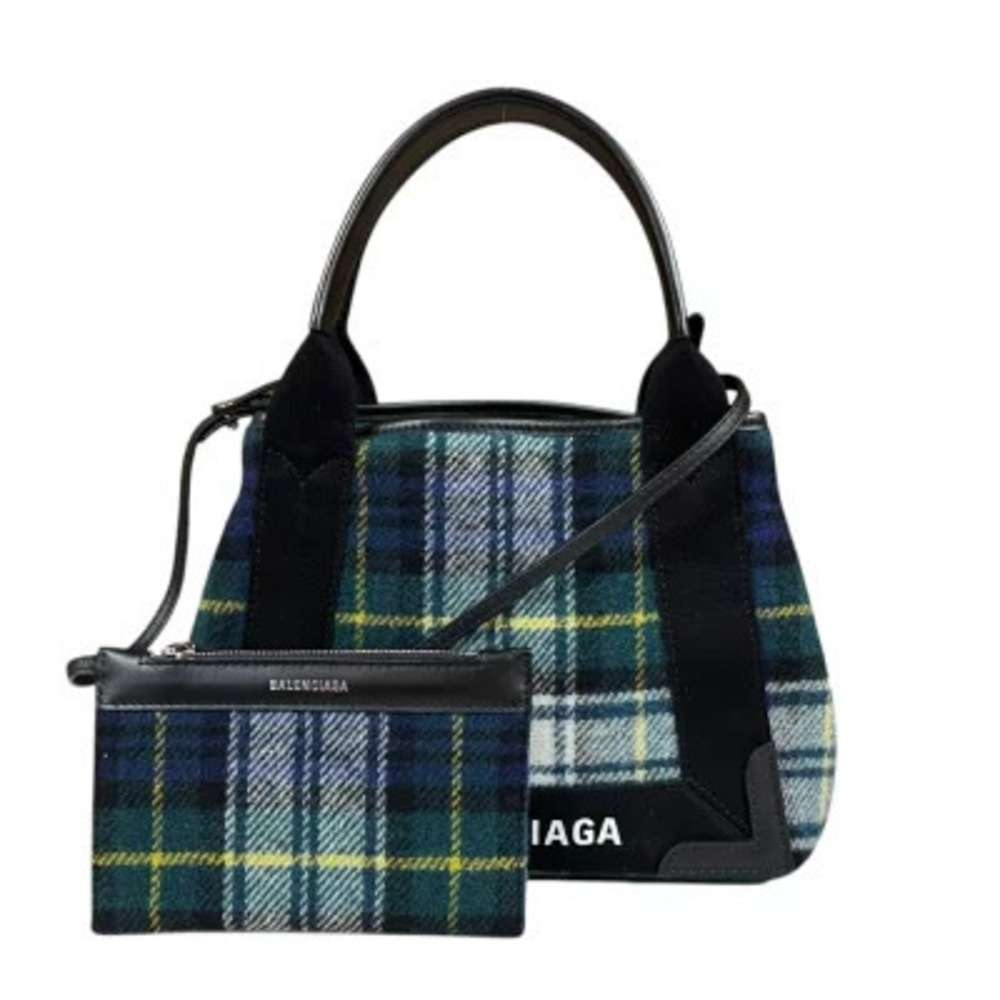 Balenciaga tartan check Navy Blue Cabas shoulder bag wool green